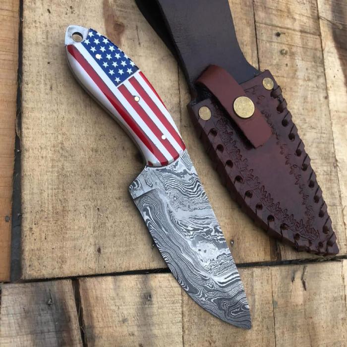 American Flag Handle Skinner Knife with Patterned Steel Blade