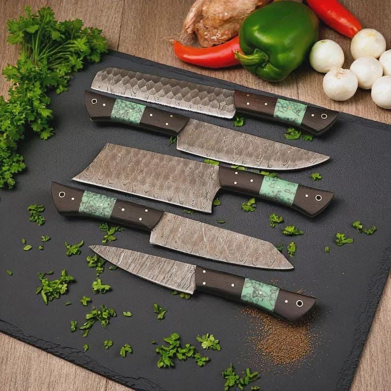 Damascus Orchid Chef Knife Set with Wood Grain Blades and Turquoise Inlay