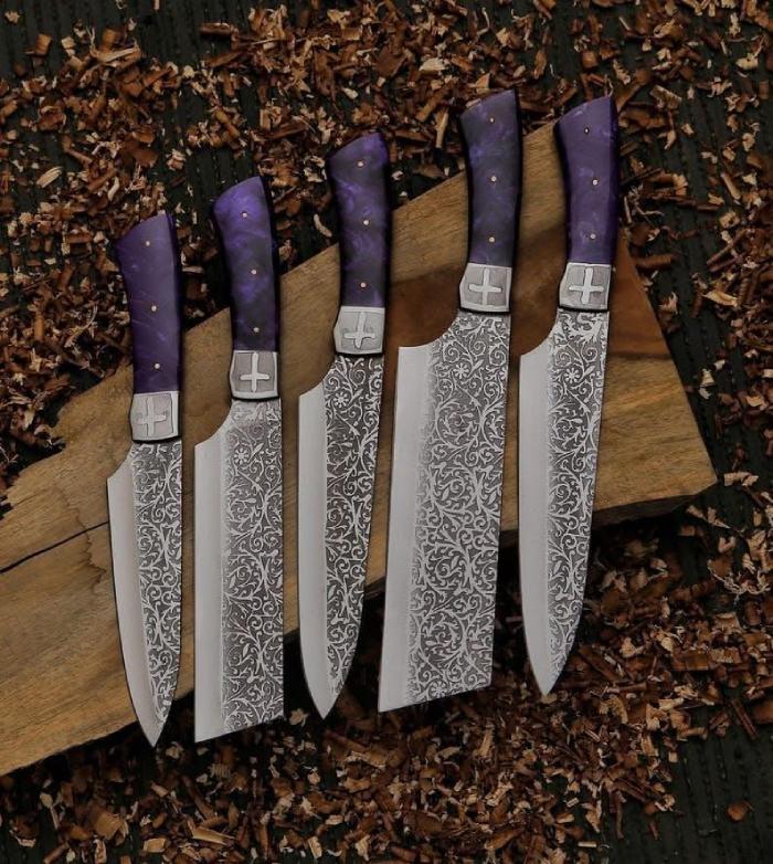 5-Piece Purple Handle Etched Chef Knife Set with Cross Bolster for a Bold Kitchen Upgrade