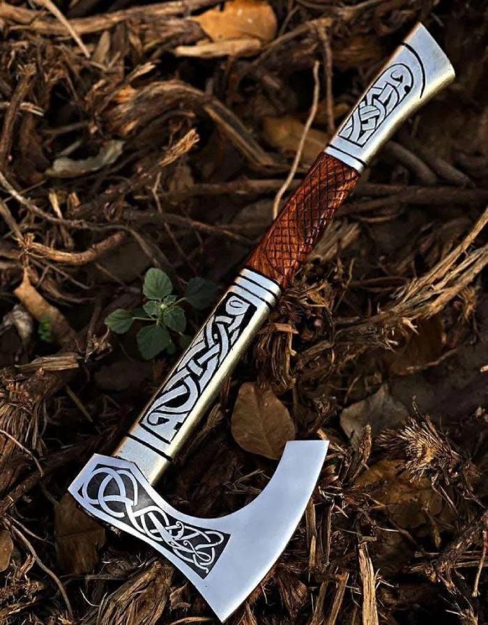 Celtic Knot Engraved Viking Axe with Diamond Textured Handle for Display or Outdoor Use
