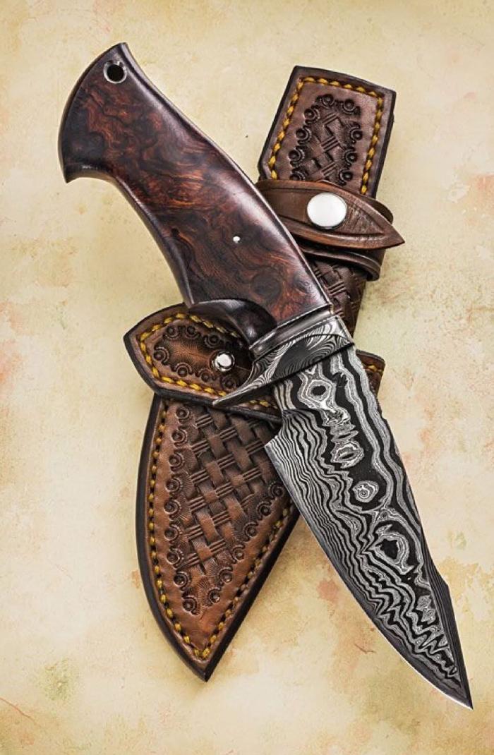 Custom Handmade Bobcat Hunter Knife and Tooled Leather Sheath