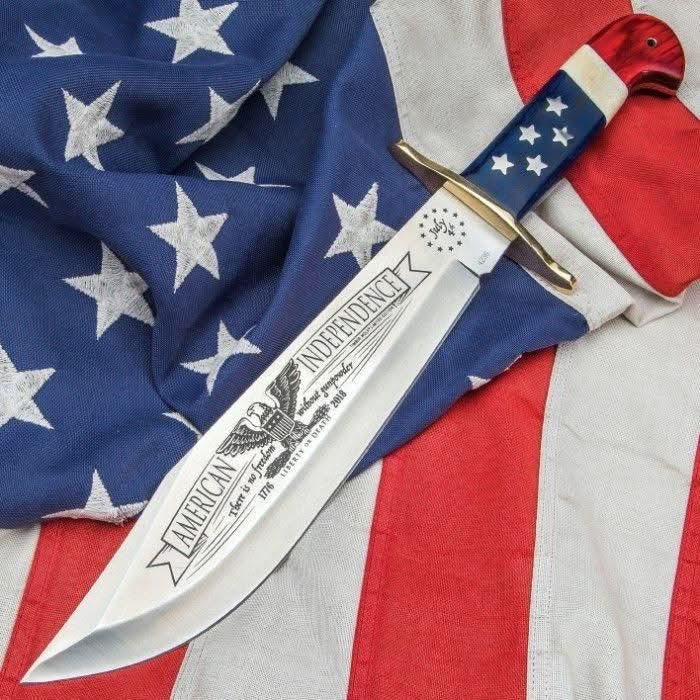 Patriotic American Flag Bowie Knife with Eagle Etched Blade