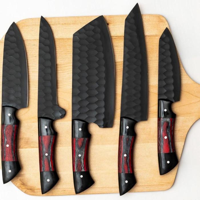 5-Piece Hammered Black Chef Knife Set with Pakka Wood Handles
