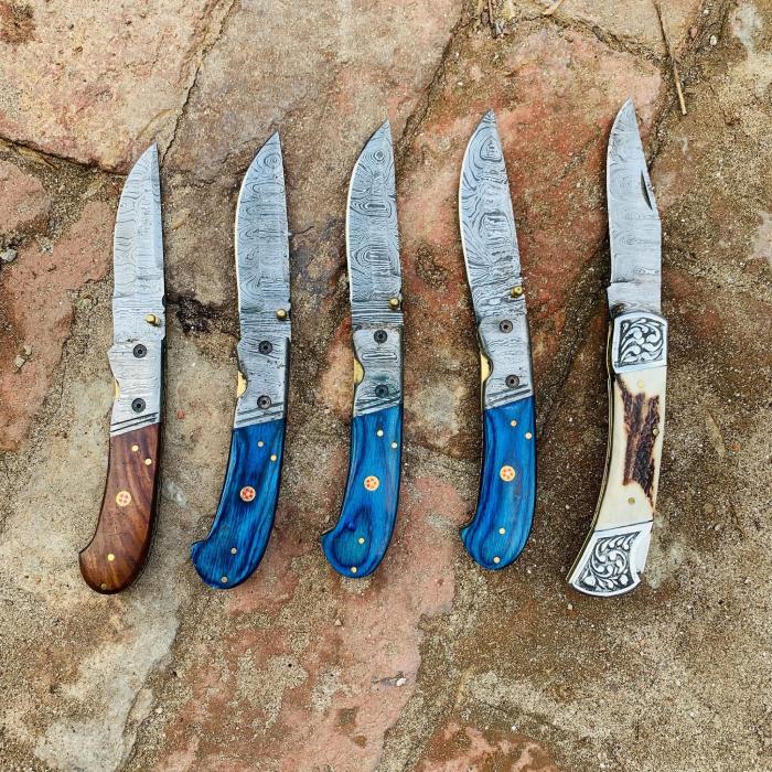 5-Piece Folding Pocket Knife Set with Mixed Wood, Resin, and Stag Handles