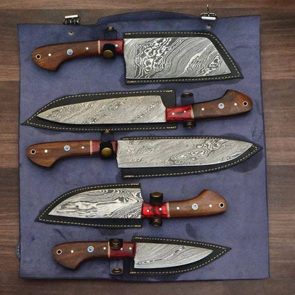 4-Piece Chef Knife Set with Wood Handles and Red Resin Accents