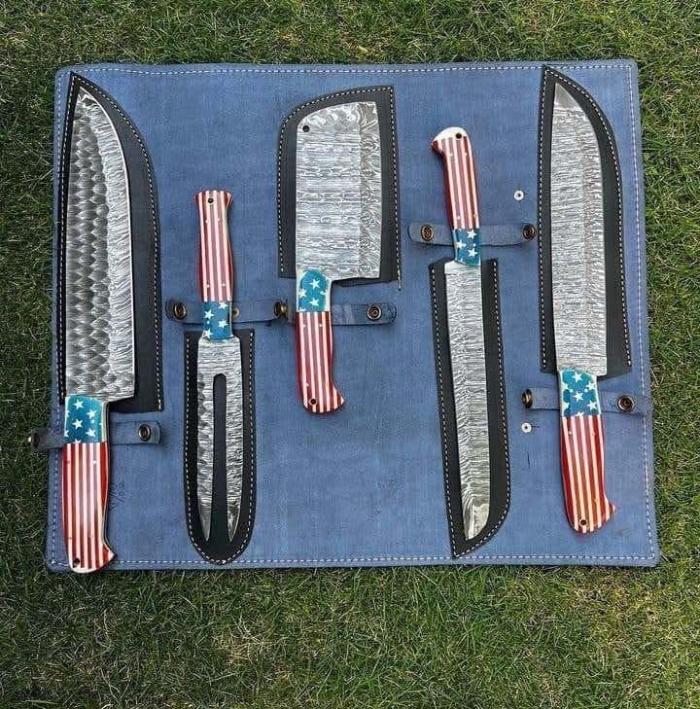 5-Piece Patriotic Chef Knife Set with Leather Roll Case