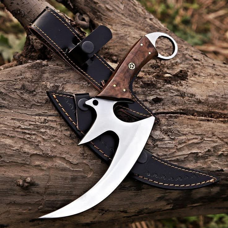 Hooked Ring Handle Skinner Knife with Wood Handle and Sheath