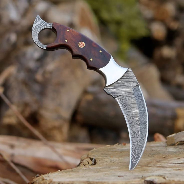 Hawkbill Karambit Knife with Damascus Steel Blade and Finger-Ring Wood Handle
