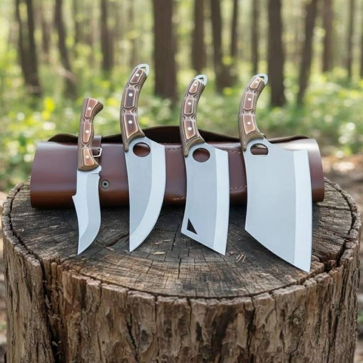 4-Piece Skinner and Cleaver Knife Set with Leather Roll Sheath