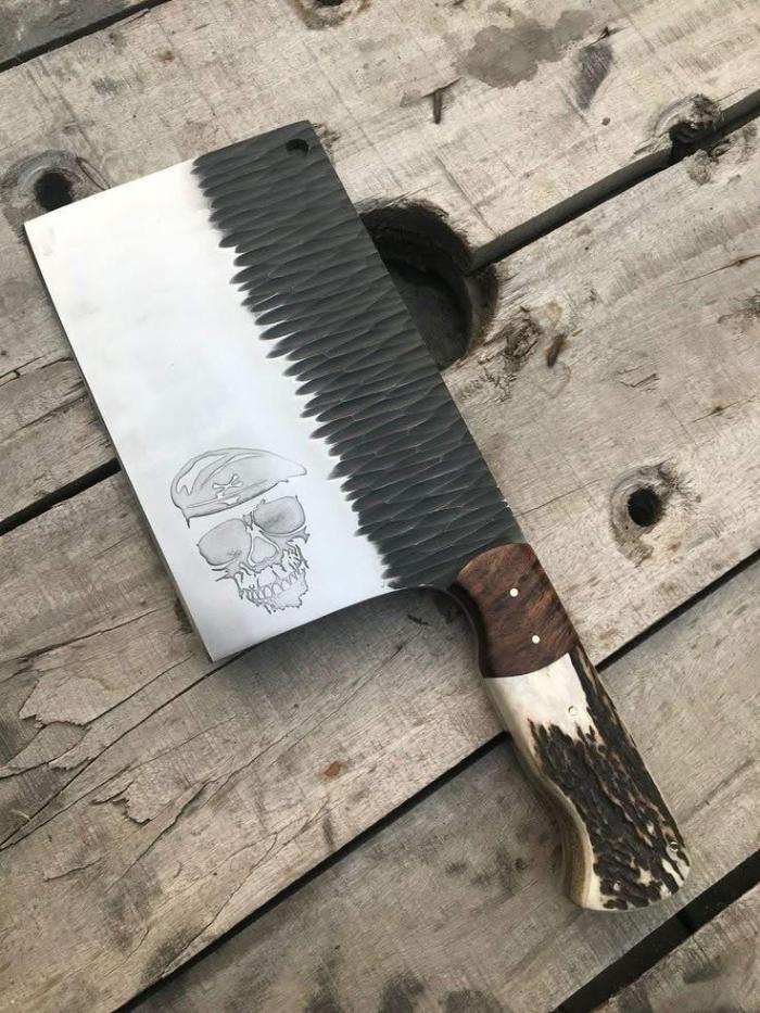 Stag Handle Meat Cleaver with Hammered Blade and Skull Artwork