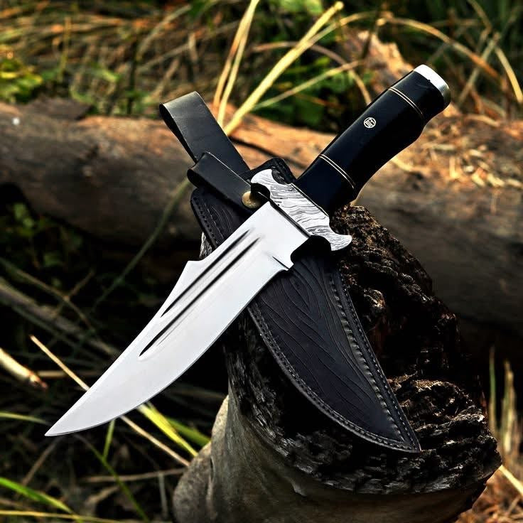 Clip Point Bowie Knife with Double Fullers and Black Handle