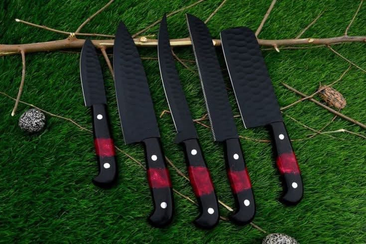 5-Piece Kitchen Knife Set with Red Resin Handles and Black Coated Blades
