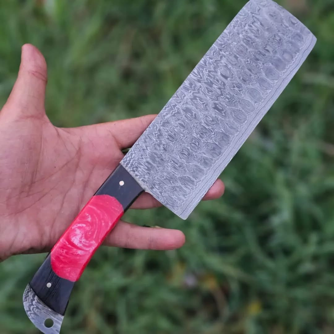 Damascus Pattern Nakiri Cleaver Knife with Red Resin Handle
