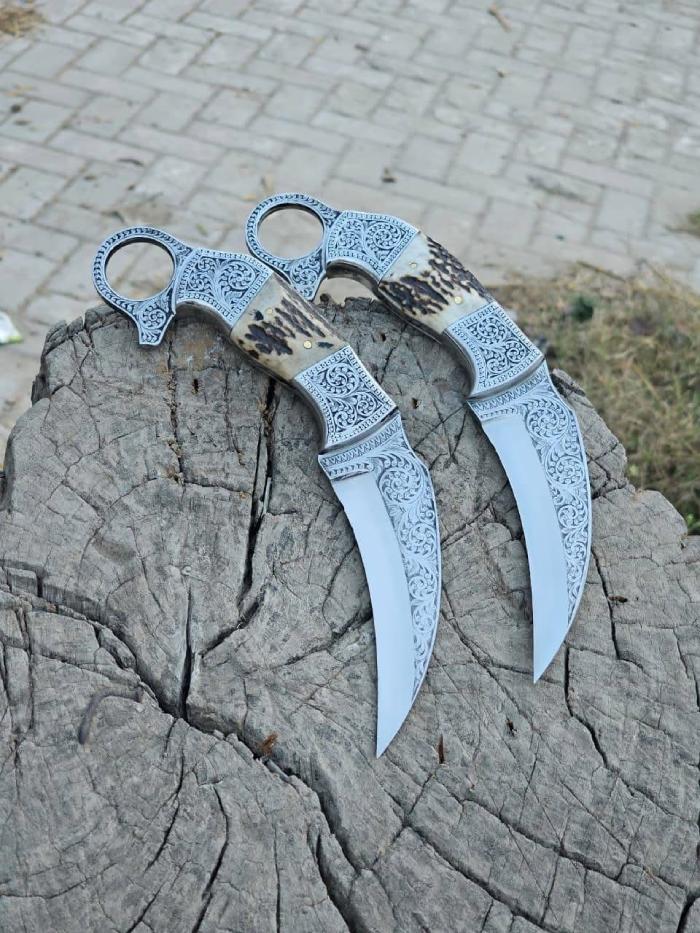 Engraved Twin Karambit Knife Set with Scrollwork Blades and Stag Handles