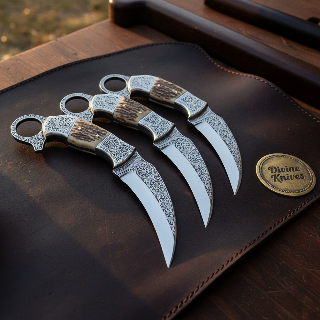 Engraved Stag Horn Hunting Karambit Set with Ring Handles