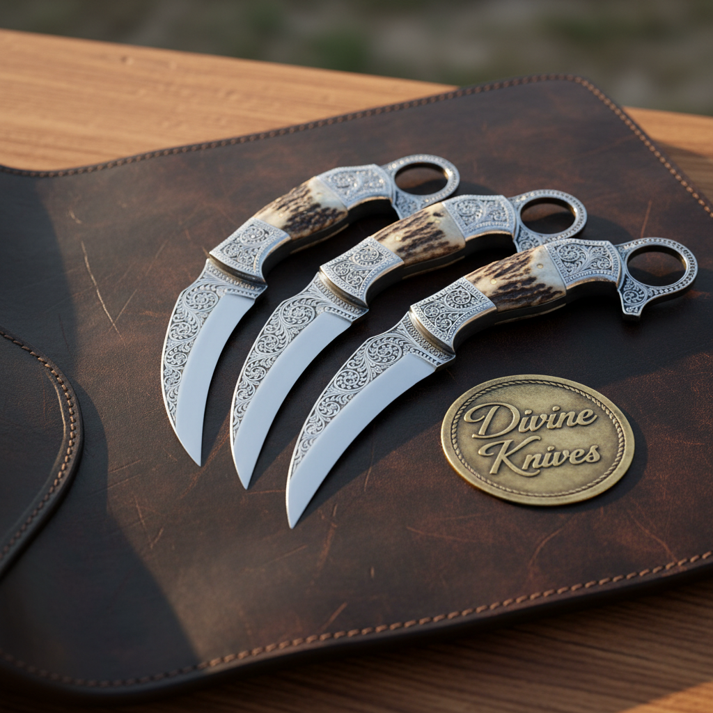 Engraved Stag Horn Hunting Karambit Set with Ring Handles