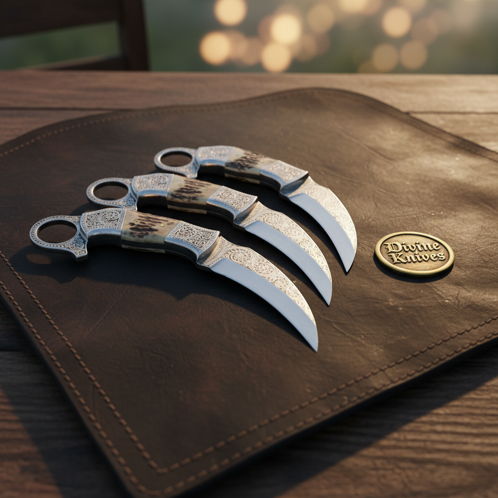 Engraved Stag Horn Hunting Karambit Set with Ring Handles