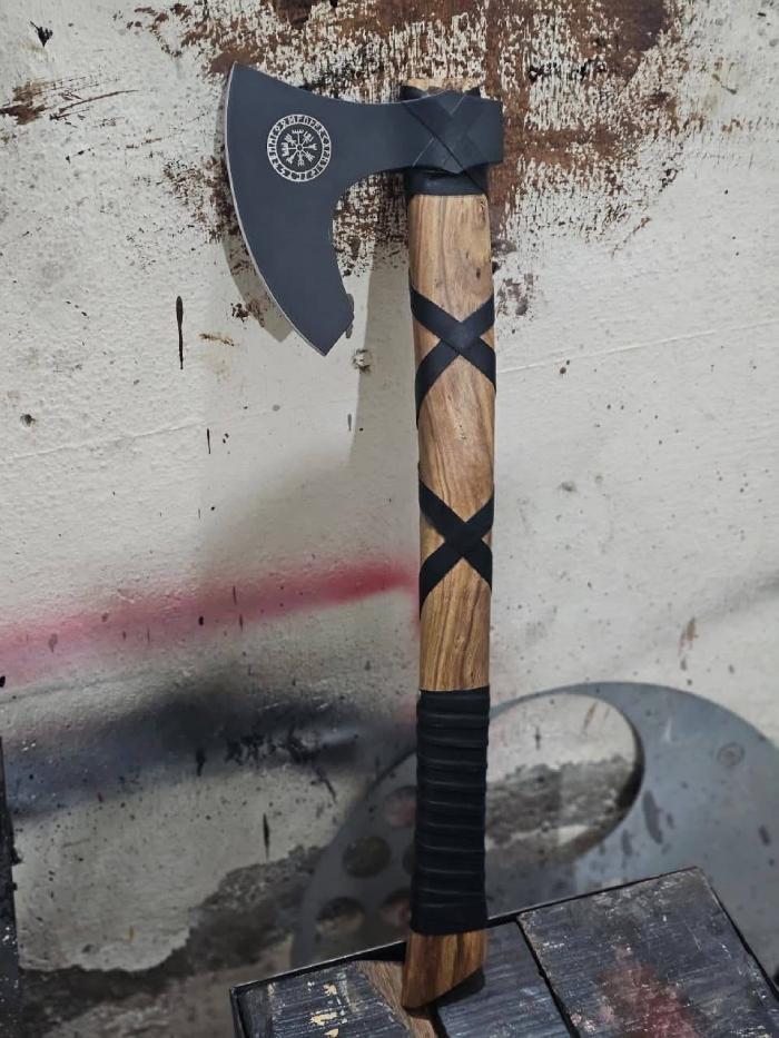 Norse Symbol Viking Axe with Leather Wrapped Wood Handle