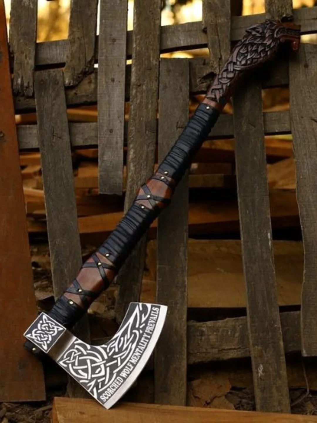 Wolf Head Viking Axe with Celtic Knot Engraved Blade