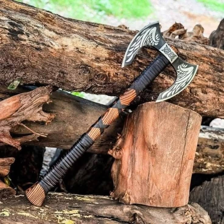 Wing Etched Tomahawk Axe with Celtic Design and Wrapped Handle