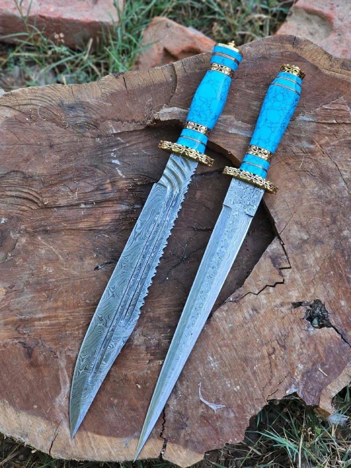 Turquoise Handle Damascus Dagger Set with Brass Bolsters