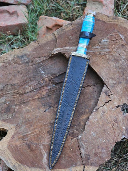 Turquoise Handle Damascus Dagger Set with Brass Bolsters