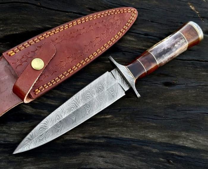 Damascus Antler Handle Boot Dagger with Stacked Handle