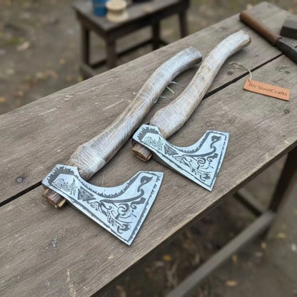 Norse Bearded Axe Pair — Viking Style Handmade Wood Cutting Tools, Damascus Heads, 6-8 Inch Edge &amp; 18-20 Inch Ash Wood Handles