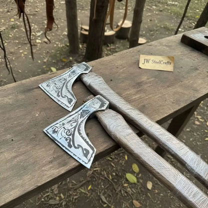 Norse Bearded Axe Pair — Viking Style Handmade Wood Cutting Tools, Damascus Heads, 6-8 Inch Edge &amp; 18-20 Inch Ash Wood Handles