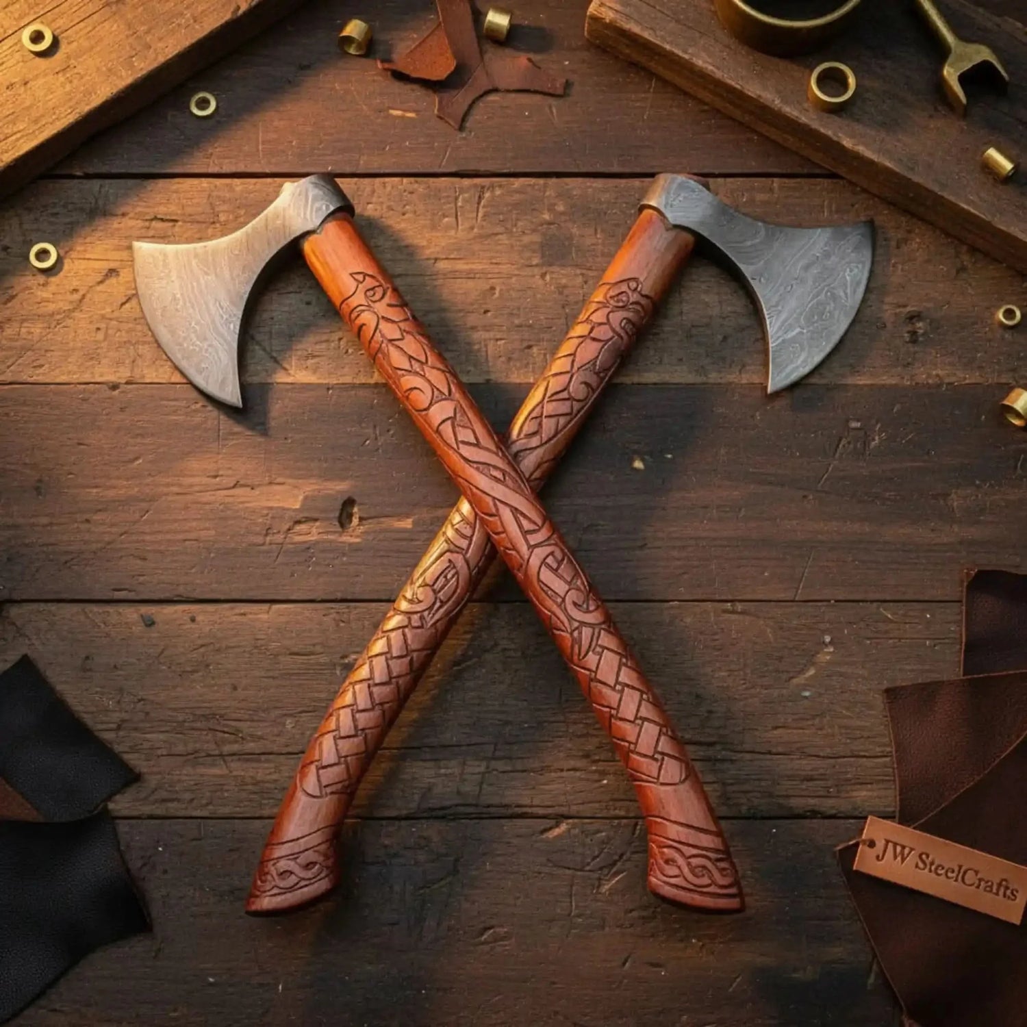 Handmade Norse Viking Axe Pair with Damascus Steel Heads &amp; Hand Engraved Wooden Handles