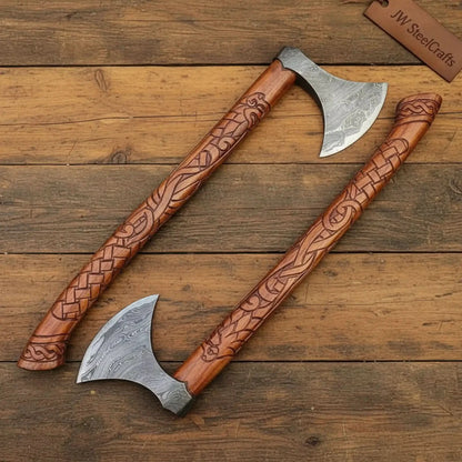 Handmade Norse Viking Axe Pair with Damascus Steel Heads &amp; Hand Engraved Wooden Handles