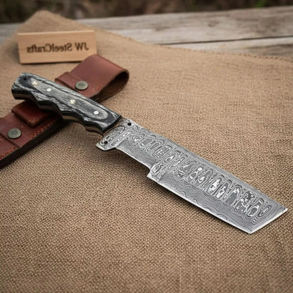 Handmade Damascus Steel Tracker Knife with Leather Sheath &amp; Wooden Handle