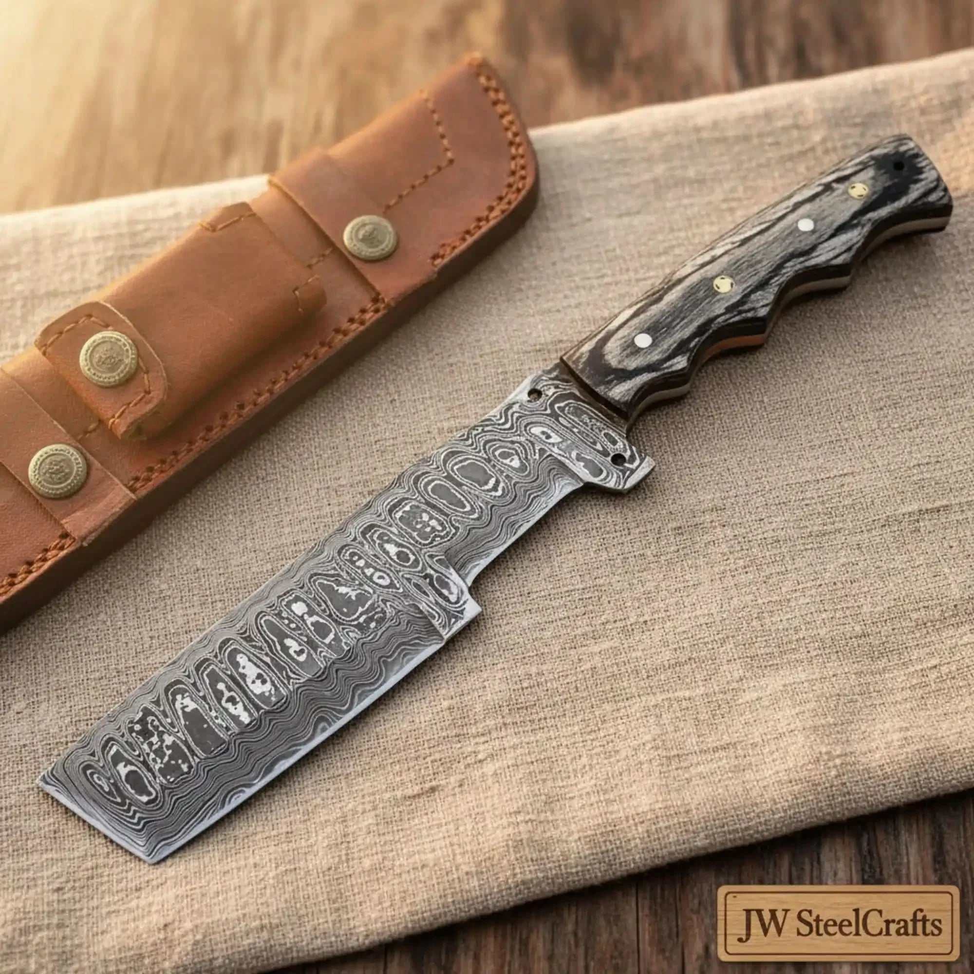 Handmade Damascus Steel Tracker Knife with Leather Sheath &amp; Wooden Handle