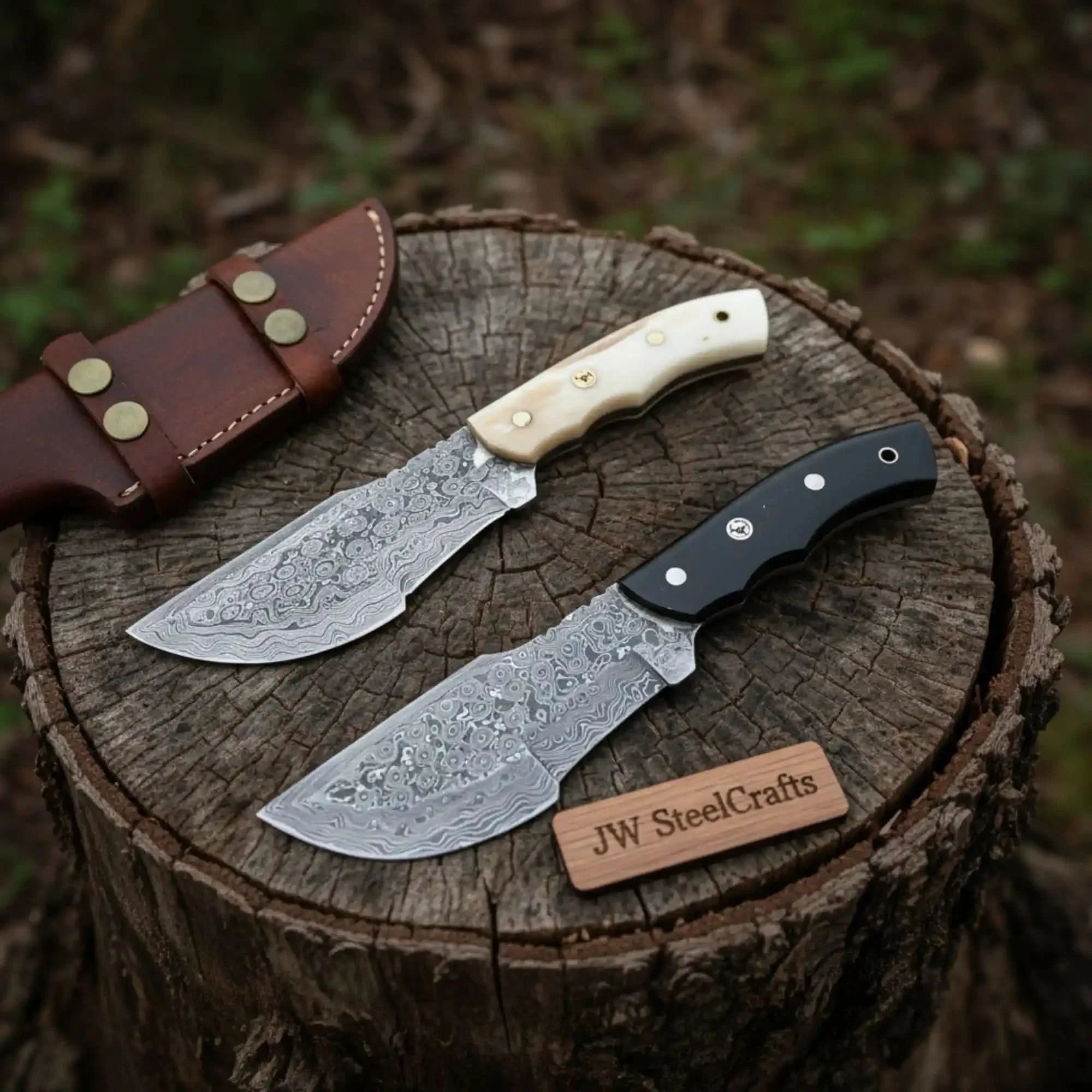 Handmade Damascus Tracker Knife Pair with Camel Bone &amp; Black Micarta Handles