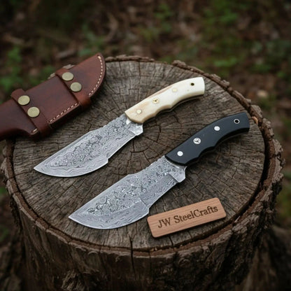 Handmade Damascus Tracker Knife Pair with Camel Bone &amp; Black Micarta Handles