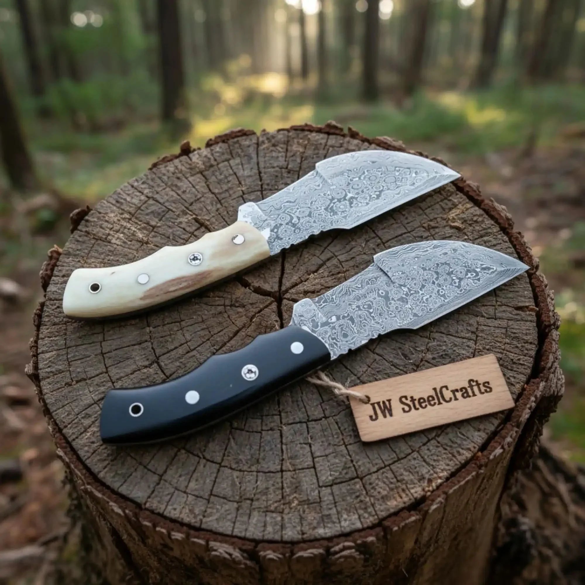 Handmade Damascus Tracker Knife Pair with Camel Bone &amp; Black Micarta Handles