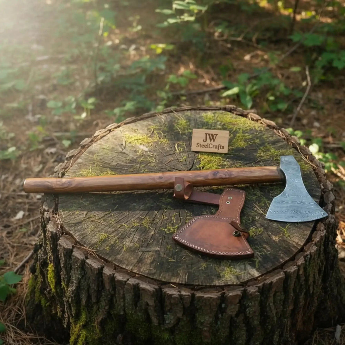Handmade Damascus Camping Axe with Tali Wood Handle | Full Tang Outdoor Hatchet