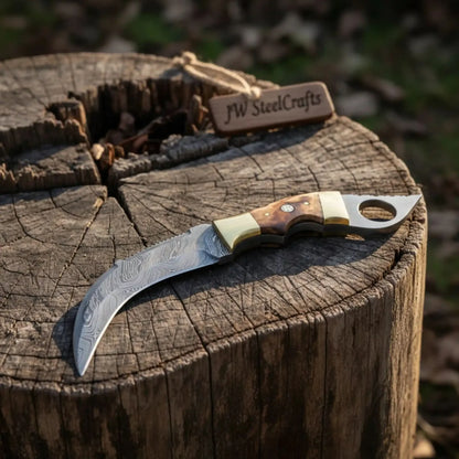 Damascus Steel Knife with Burned Bone Handle &amp; Brass Bolster