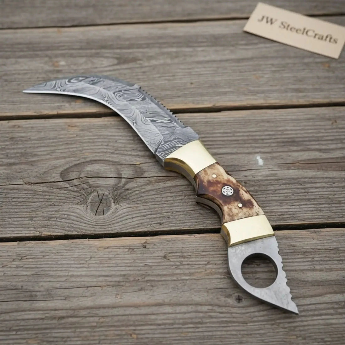 Damascus Steel Knife with Burned Bone Handle &amp; Brass Bolster