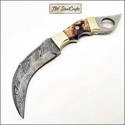 Damascus Steel Knife with Burned Bone Handle &amp; Brass Bolster