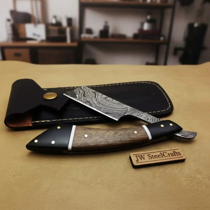 Handmade Damascus Folding Straight Razor with Rose Wood &amp; Black Resin Handle