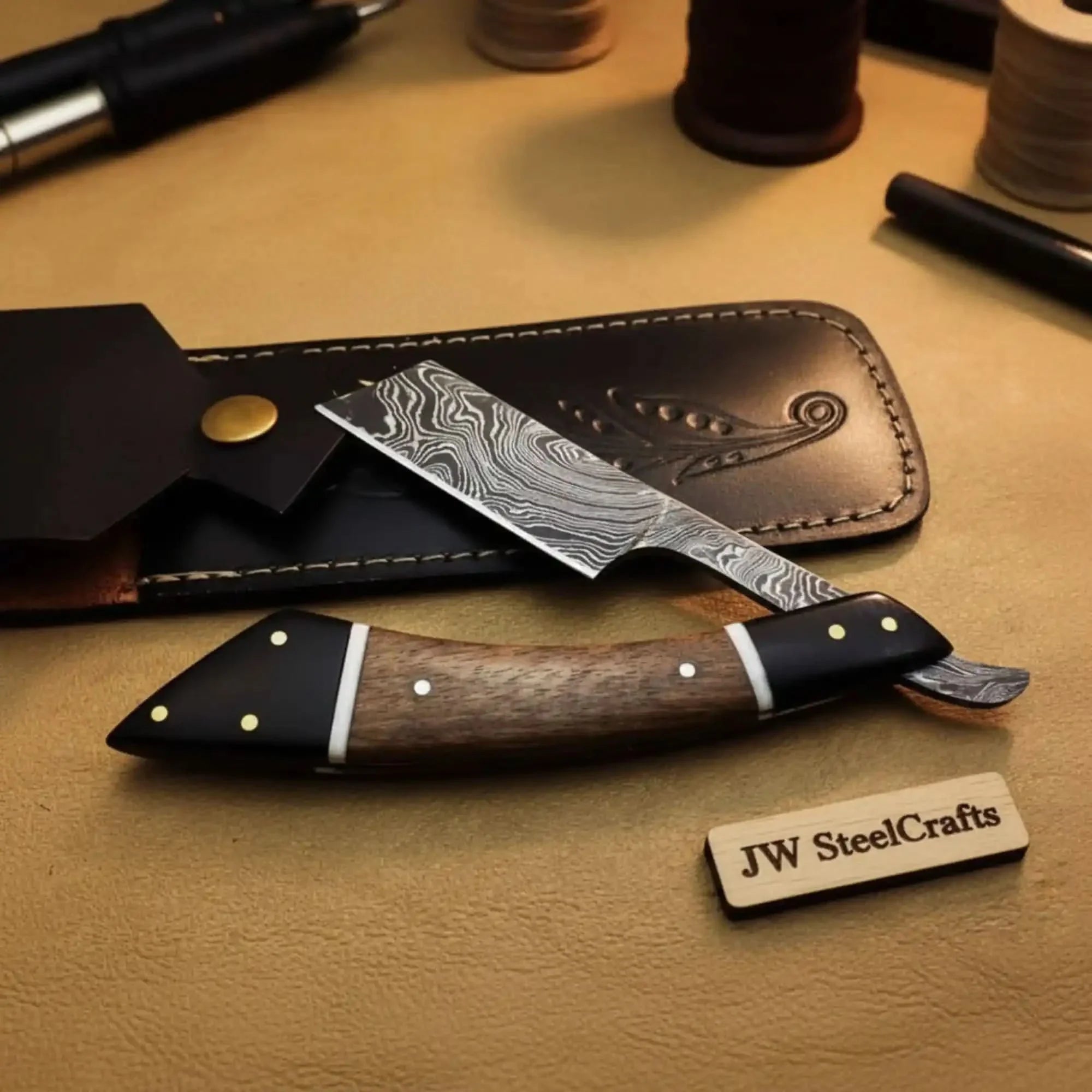 Handmade Damascus Folding Straight Razor with Rose Wood &amp; Black Resin Handle