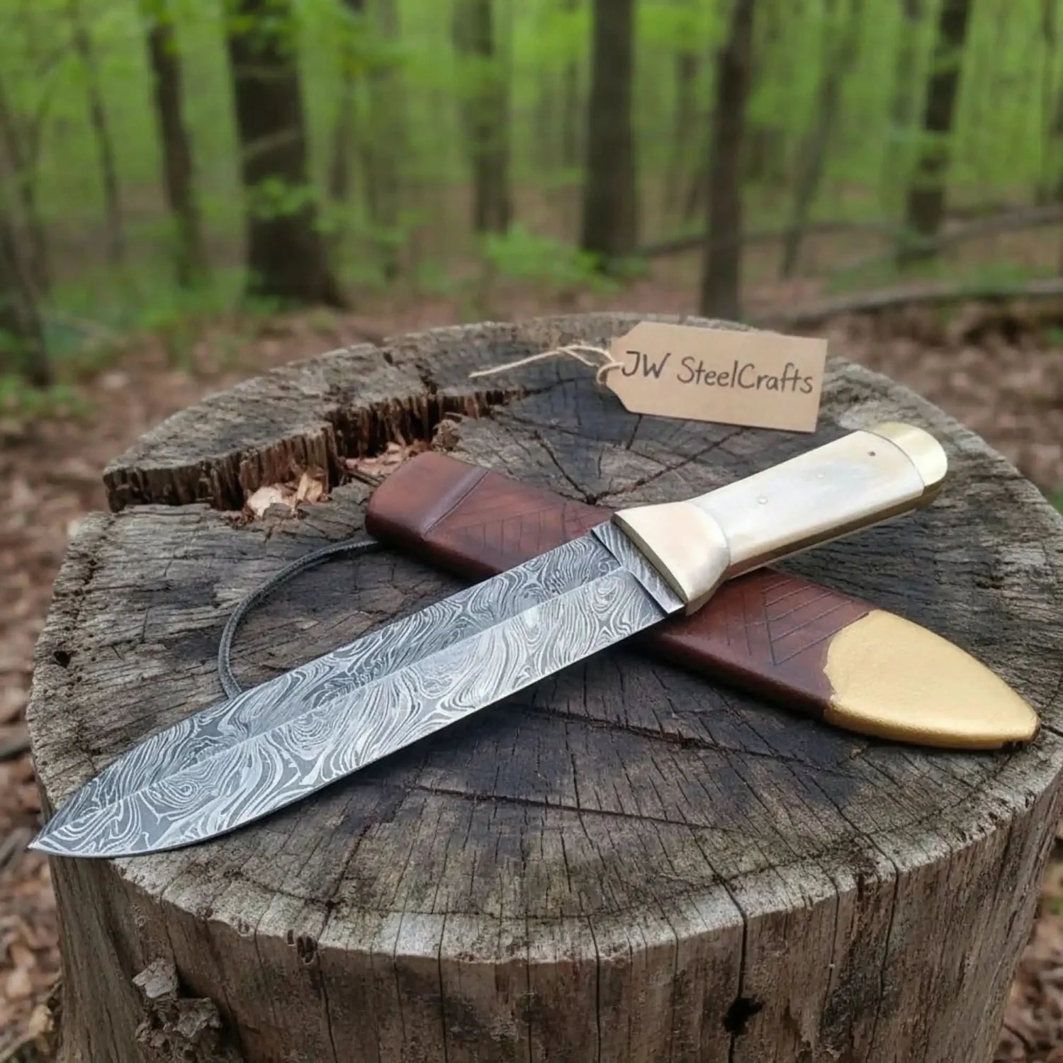 Handmade Persian Style Damascus Dagger with Camel Bone Handle &amp; Wooden Scabbard