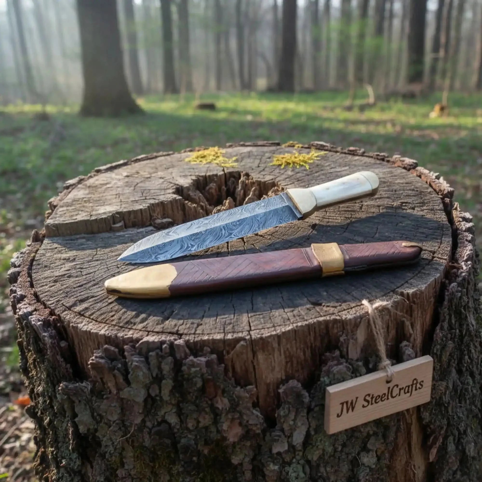 Handmade Persian Style Damascus Dagger with Camel Bone Handle &amp; Wooden Scabbard