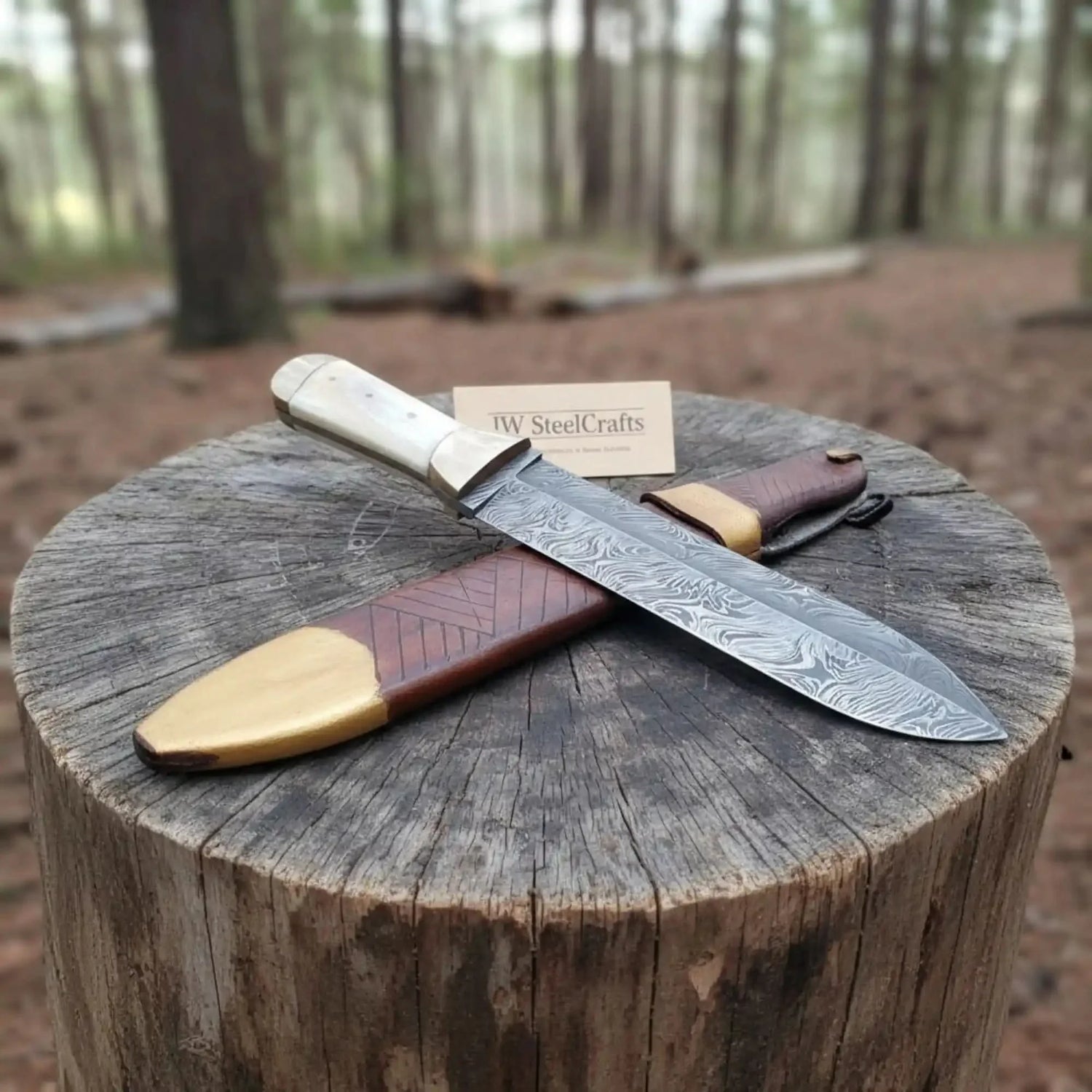 Handmade Persian Style Damascus Dagger with Camel Bone Handle &amp; Wooden Scabbard