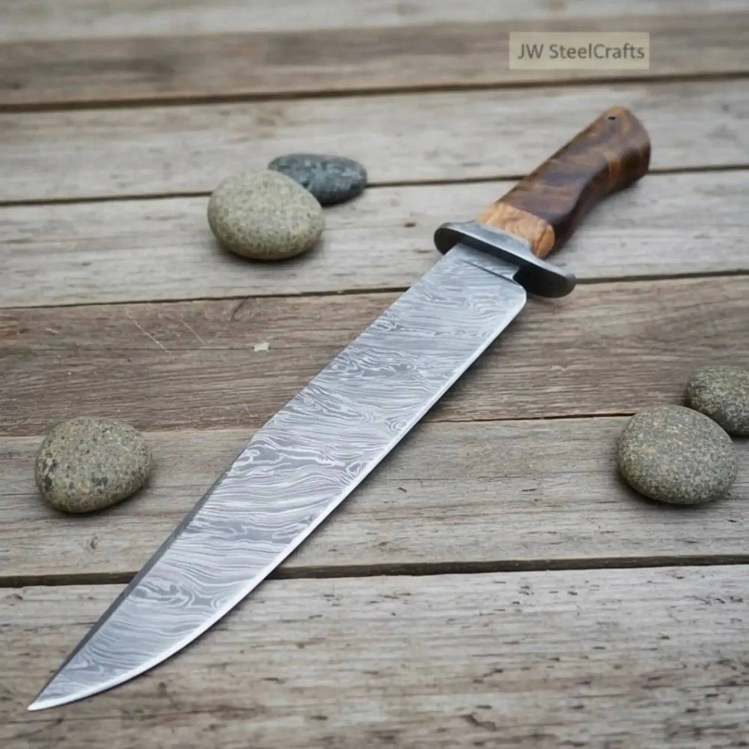 Handmade Damascus Steel Fighter Knife - Combat Blade with Wooden Handle &amp; Leather Sheath