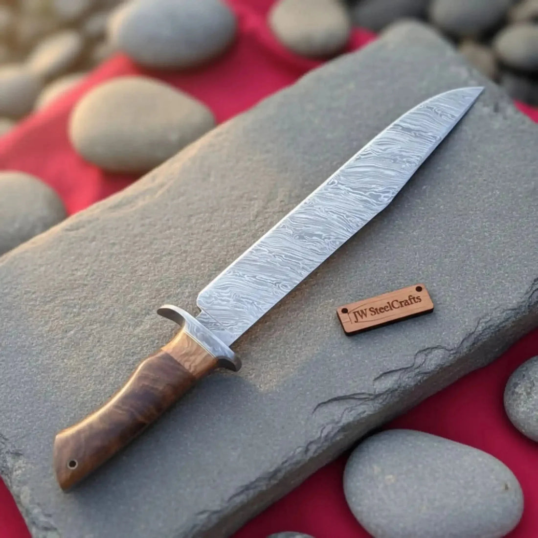 Handmade Damascus Steel Fighter Knife - Combat Blade with Wooden Handle &amp; Leather Sheath