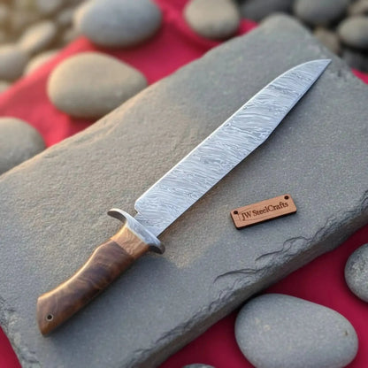 Handmade Damascus Steel Fighter Knife - Combat Blade with Wooden Handle &amp; Leather Sheath