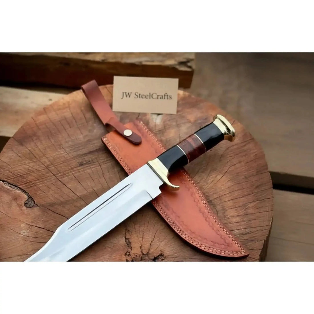 Handmade Dundee Bowie Knife -Carbon Steel Blade with resin and leather stacked Handle &amp; Leather Sheath
