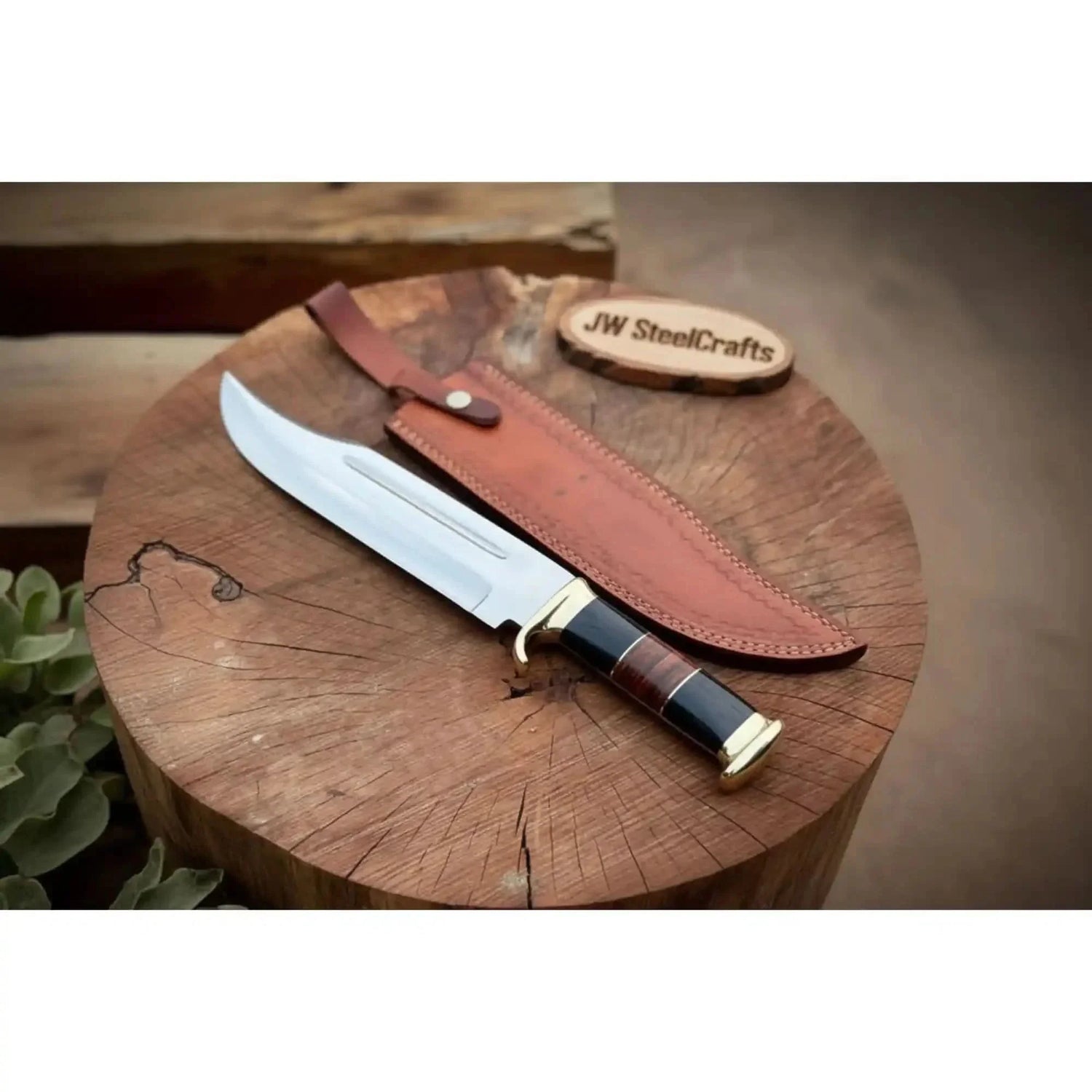 Handmade Dundee Bowie Knife -Carbon Steel Blade with resin and leather stacked Handle &amp; Leather Sheath